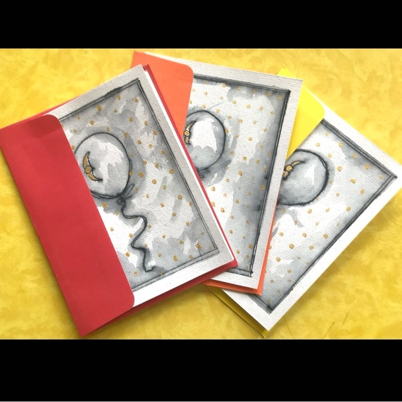 Painted Balloon Card Set of 3. Blank Inside. Pen, Ink, Paint. NWT - Picture 2 of 5